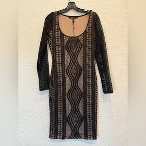 BCBGMaxAzria Black and Tan Bodycon Dress Long Sleeve Scoop Neck